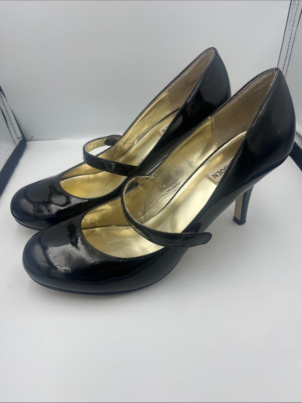 Steve Madden Black Patent Mary Jane Heels with Gold Interior